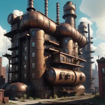 screw type atmosphere, surrealist architecture, steel mill, steampunk, futuristic apartment complex, elderly people, retro feel,
