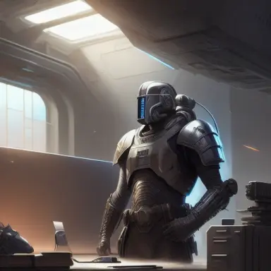 epic wounded armored employee with galactic weapon in front of computer. highly detailed, digital painting, concept art, smooth,