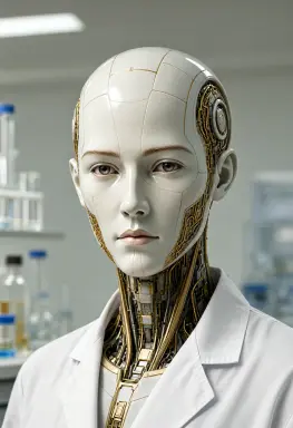 a science fiction portrait of an android with a porcelain face and visible golden circuits at the jaw in a