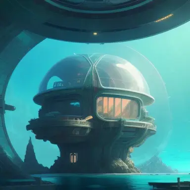 futuristic underwater house with glass domes video game, manga futuristic, art by , Ian Mcque, in the style of , Marvel, ne