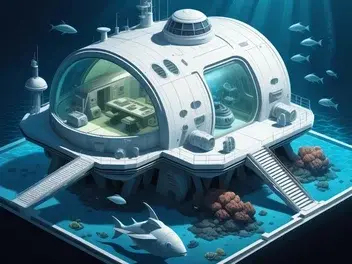 isometric illustration of deep sea scifi underwater base . retro futurism. white. ralph mcquarrie. wide shoot