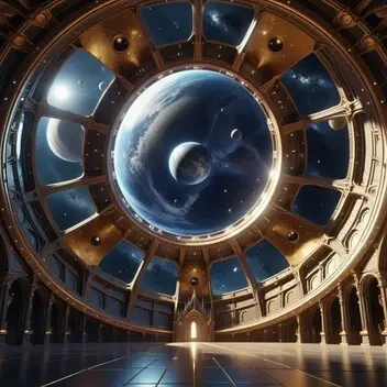 low angle view of a majestic space dome opening onto an unknown world, in a royal space cathedral , fi