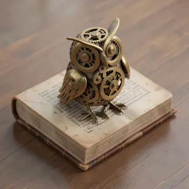 clockwork owl made of brass gears on an old book isometric 3d render soft light