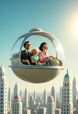 a retro futurist 1960s scene of a family in a glass bubble car flying above a city of white towers lit from