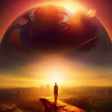 spaceship, (earth landscape), city ruins, an extremely psychedelic experience, outer space, colorful, dramatic lighting, lsd,