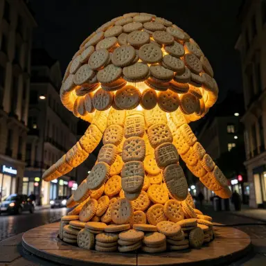 fresco of a jellyfish shaped lamp city built from biscuits