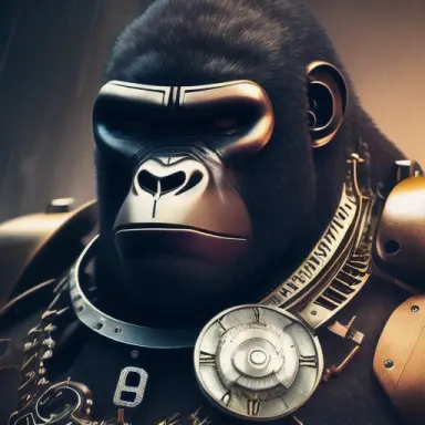 portrait of a cyberpunk gorilla robot made of rusty clocks,dark styled, dramatic,extremely detailed, trending on artstation, cin