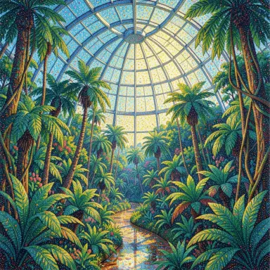 a biodome jungle pointillist painting