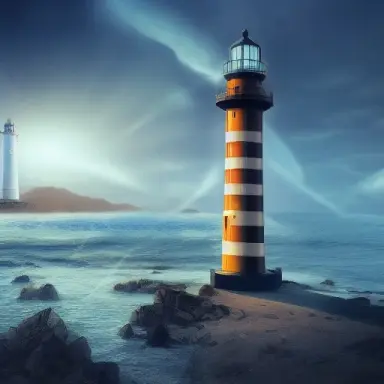 futuristic lighthouse, flash light, hyper realistic, epic composition, cinematic, landscape vista photography, landscape veduta