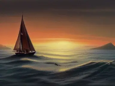 a hyper detailed realistic painting of an elvish wooden sailboat on an azur ocean at sunset, (sailing toward a distant island in