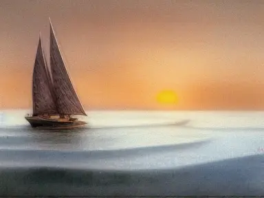 a digiral painting of an elvish wooden sailboat on an azur ocean at sunset, sailing toward a distant island with a lighthouse in