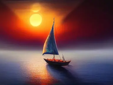 a hyper detailed realistic painting of an elvish wooden sailboat on an azur ocean at sunset, sailing toward a distant island wit