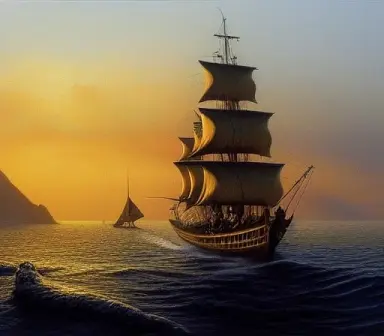 a hyper detailed realistic painting of an (elven) wooden sailboat galleon on an azur ocean at sunset, (sailing toward a distant