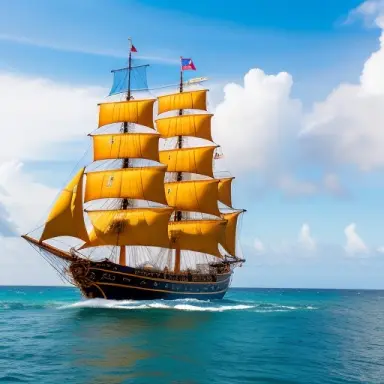 a spanish galleon in full sail, approaching a caribbean island with a lush forest and palm trees. the cannons are visible at the