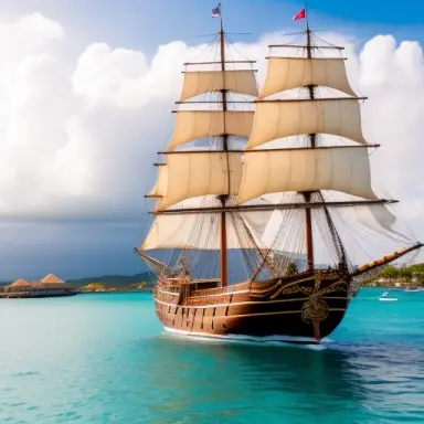 a spanish galleon in a caribbean harbour on calm water, late afternoon, show close up details portside of planks and cannons, p