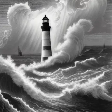 An old lighthouse against the backdrop of a raging sea. Antique black and white engraving from the Middle Ages. Gustave Dore