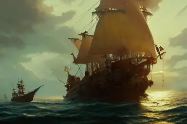 a pirate ship low angle cine atic golden hour greg rutkowski artstation hd mist