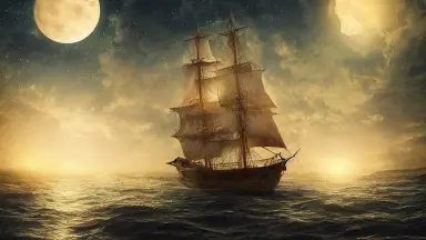 d Beautiful sailing ship in the moon light with backlight Beautiful Dreamscape Digital art concept art detailed lovely colors Art stat