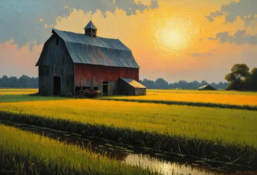Patched rice barn, tonalist painting, Stable Diffusion XL