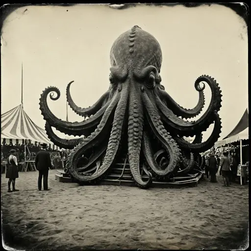 Kraken at a fair, tintype, Stable Diffusion XL