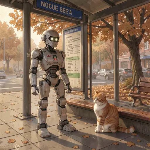 Robot and cat at a bus stop, FLUX.2