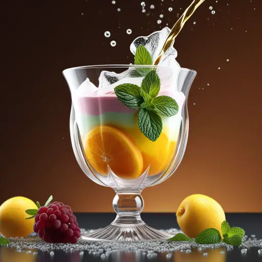 Inspired by Realflow, transparent luxury cup with ice fruits and mint