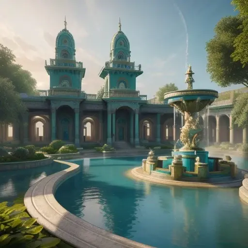 Ethereal gardens of marble built in a shining teal river ornate multi-tiered fountain