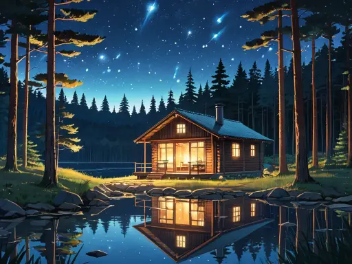 Cabin by a lake at dusk, Stable Diffusion XL